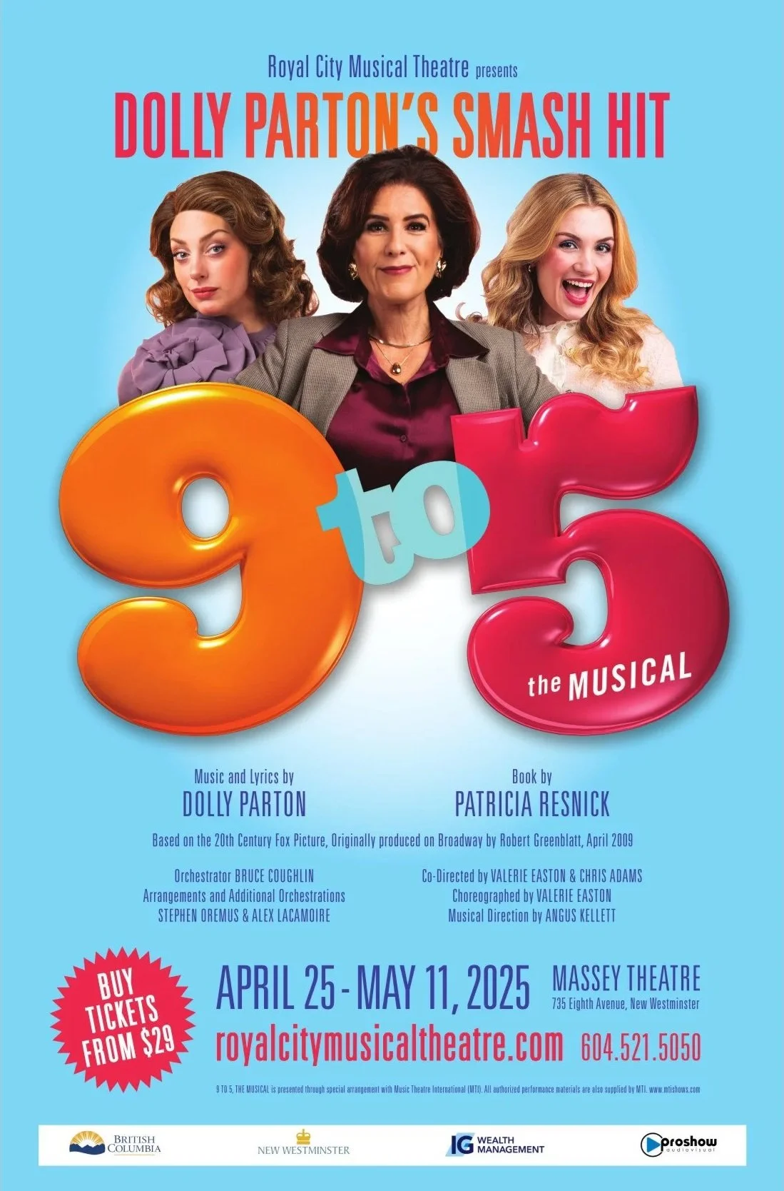 Promotional poster for the musical '9 to 5' starring Dolly Parton, featuring three women. The poster includes show dates from April 25 to May 11, 2025, at the Massey Theatre in New Westminster.
