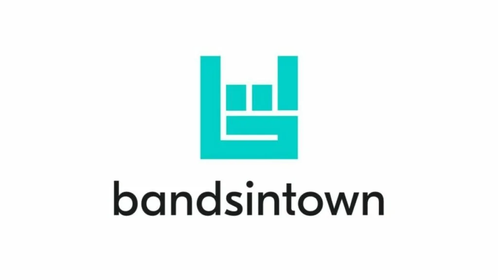 Logo of bandesitown with a stylized blue hand giving a peace sign above the text bandsitown.