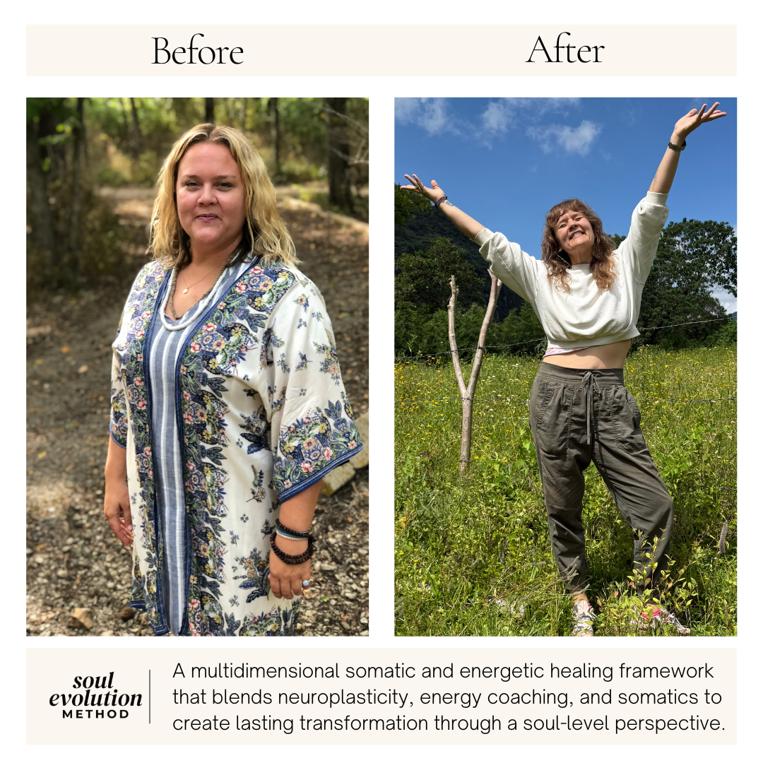 Side-by-side before and after photos of a woman. In the before photo, she is standing outdoors in a wooded area, wearing a patterned dress shirt and smiling. In the after photo, she is in a grassy field with her arms raised, wearing a white cropped sweatshirt and baggy pants, smiling widely with a joyful expression.