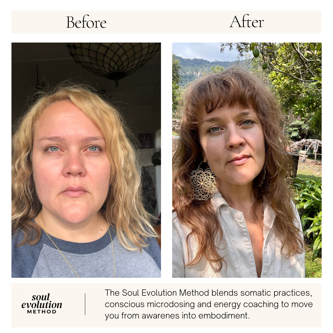 Side-by-side comparison of a woman's face before and after using the Soul Evolution Method, showing changes in skin tone, hair, and overall appearance with a nature background in the after photo.