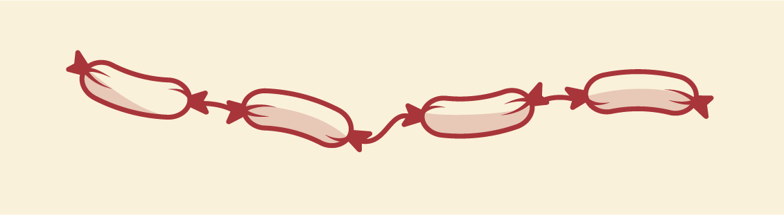 Illustration of 4 sausage links all together.