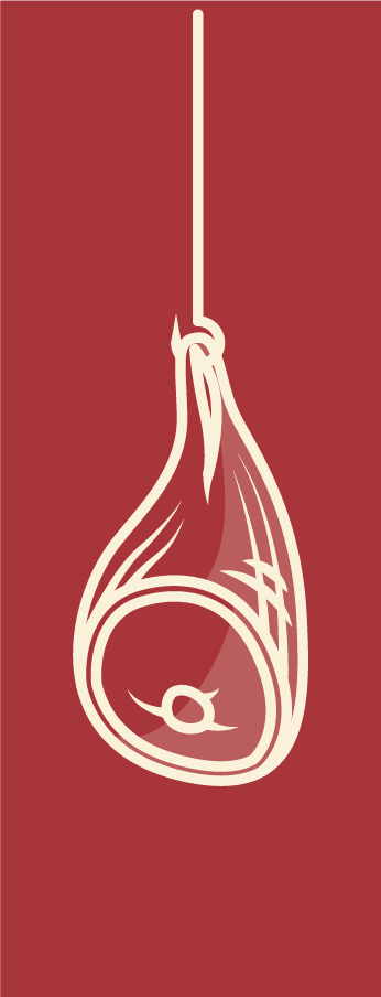 A minimalist illustration of a hanging piece of meat with a string attached at the top, set against a red background.