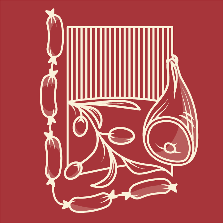 Illustration of a ham with herbs and sausages on a red background.