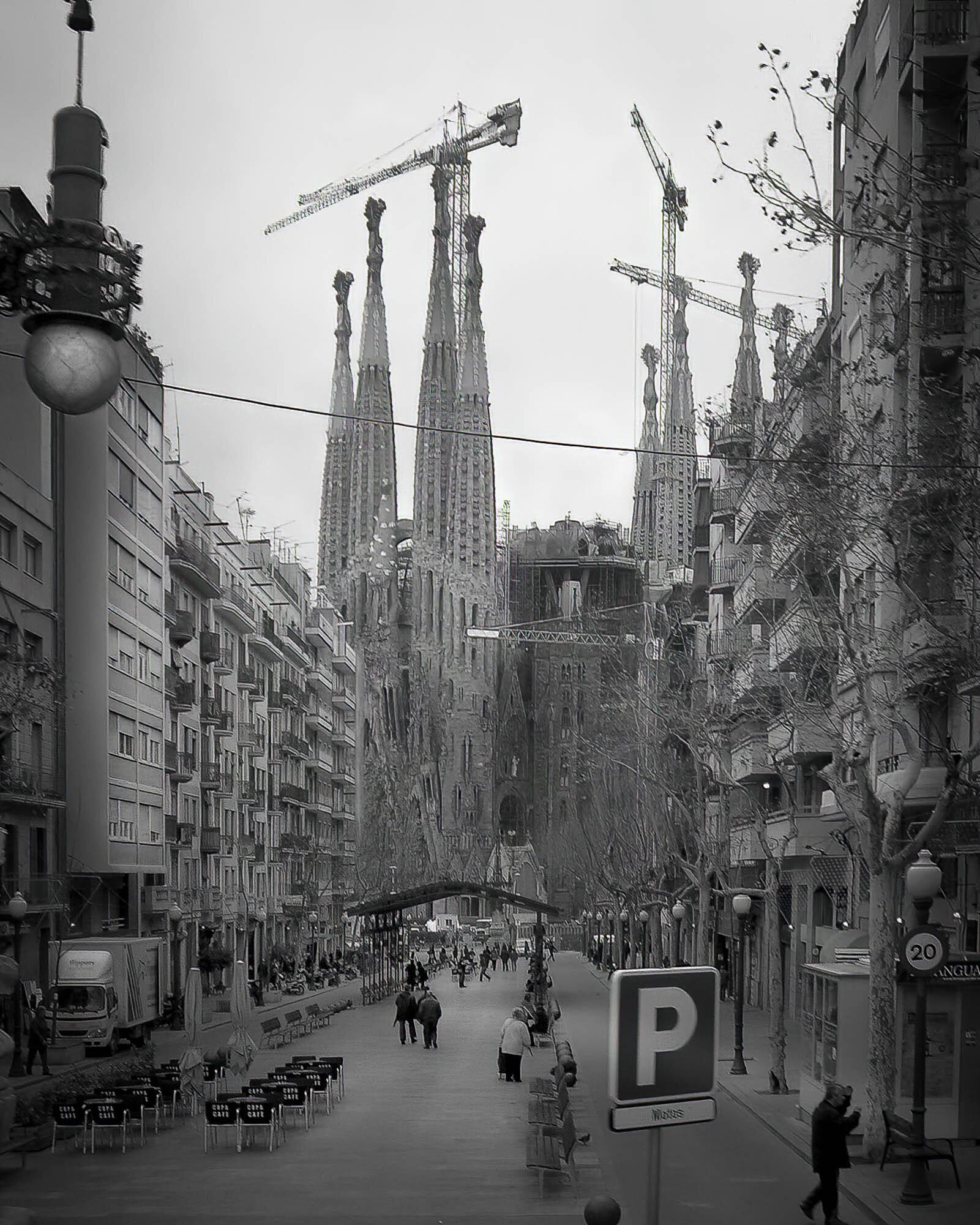 The Basílica de la Sagrada Familia as seen from Avinguda de Gaudi, Barcelona, Spain.