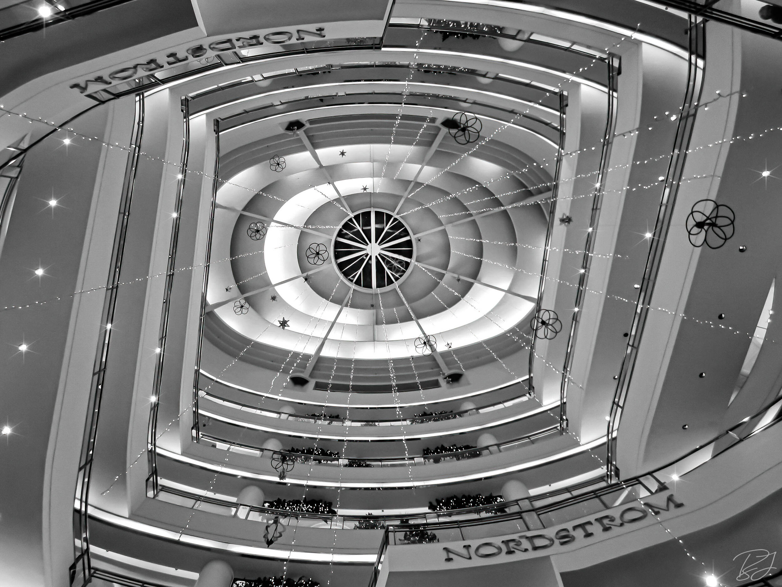 Looking up to the Westfield shopping mall levels at holiday time, San Francisco, California.