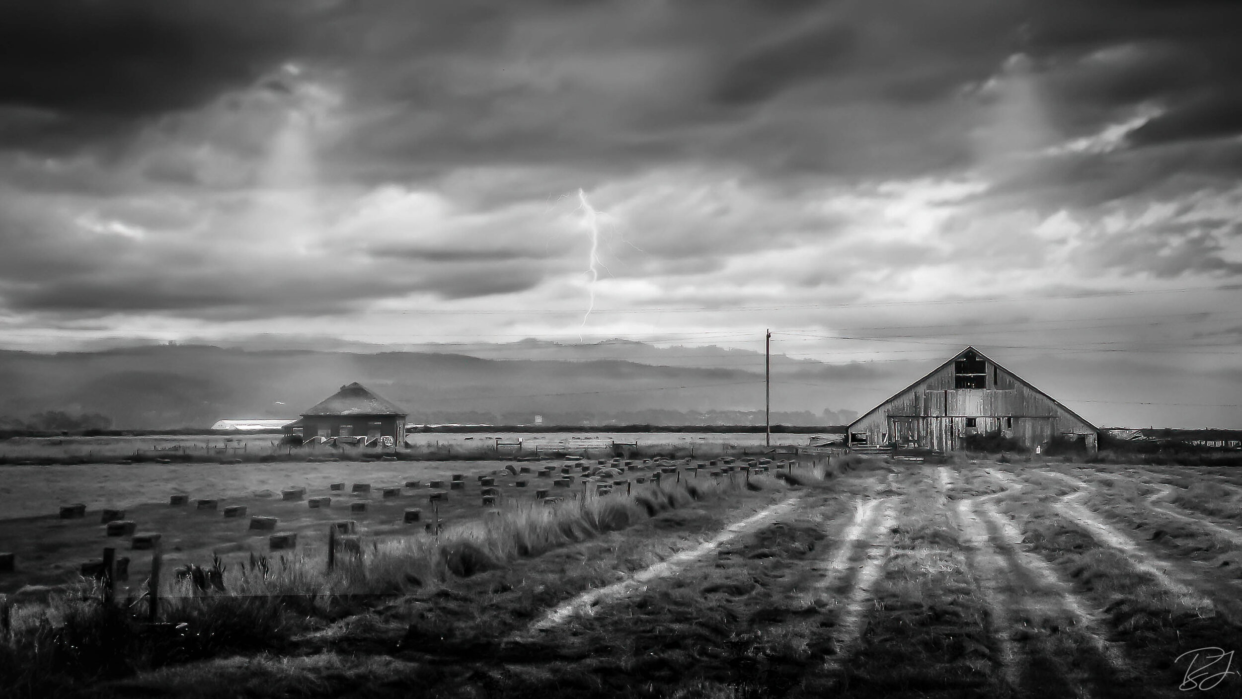 Old farm and lightening, Northern California.