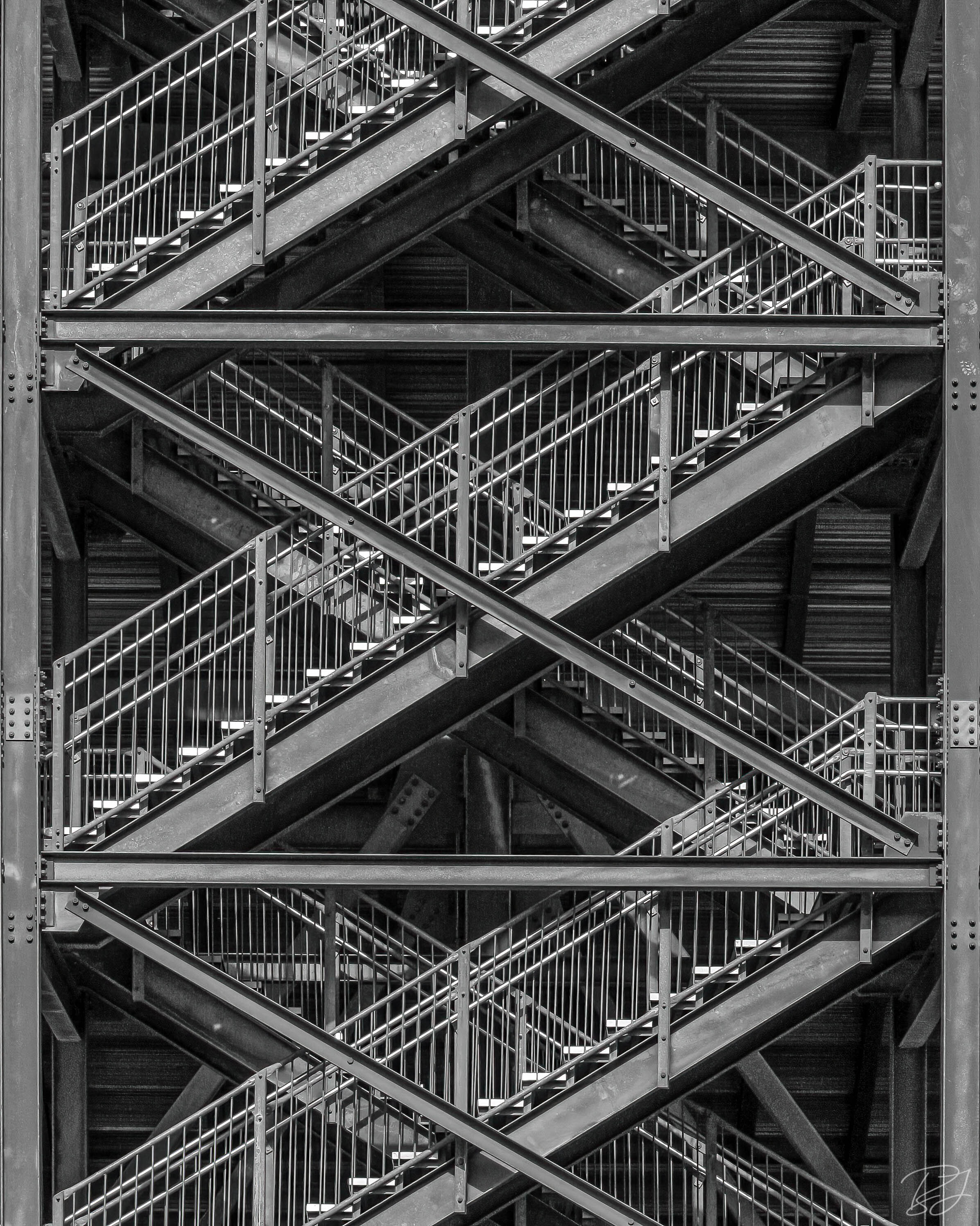 Exterior backside metal stairs of the grandstands at Sonoma Raceway, Sonoma, California.