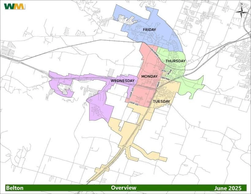 Map showing the weekly schedule for waste collection in Belton, June 2025. Each day from Monday to Friday is assigned to specific areas, with color-coded regions for each day.