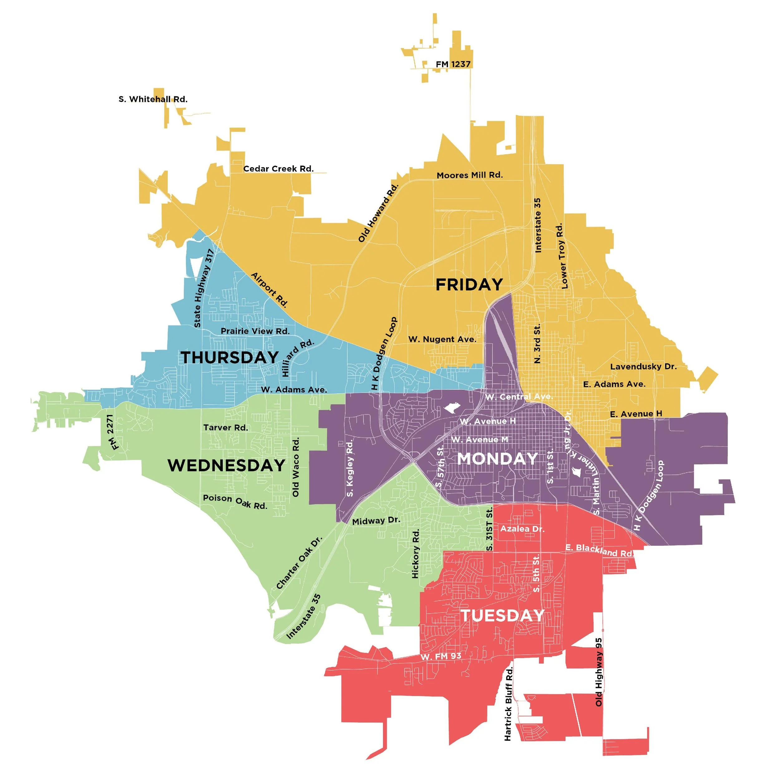 Color-coded map of a city showing different zones for each day of the week from Wednesday to Friday, with streets and major roads labeled.