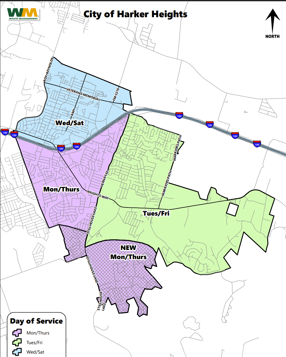 Map of Harker Heights showing trash collection days with color-coded areas: purple for Monday and Thursday, green for Tuesday and Friday, and blue for Wednesday and Saturday. Major roads and landmarks are labeled.