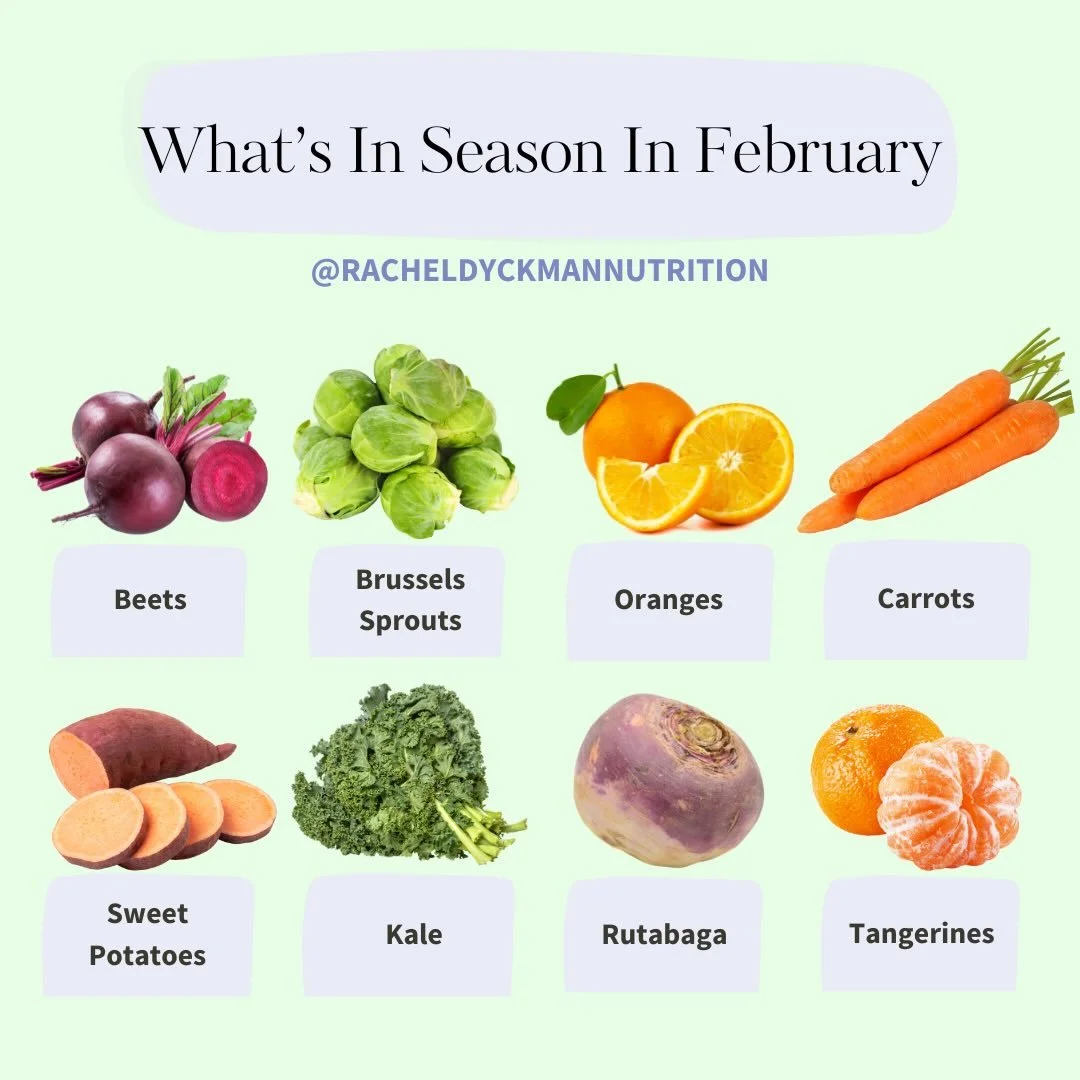 Eating with the seasons = better flavor, more nutrients, and a great way to boost your diet diversity! Here are just a few fruits and veggies currently in season. Try adding one to your plate this week! 🍽️ 

#seasonaleating #nutritiontips #dietitana