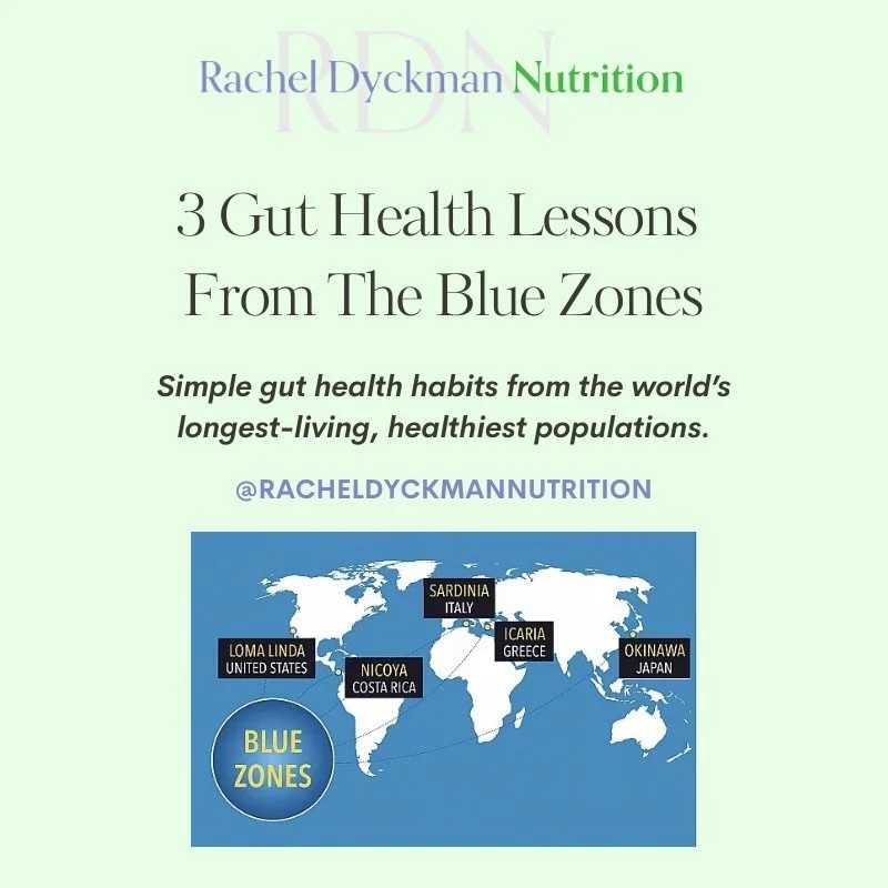 The Blue Zones are regions where people tend to live longer and have lower rates of chronic disease. Researchers have found that their daily habits (especially around food) naturally support longevity and overall gut health.

Some key takeaways:

🌱 