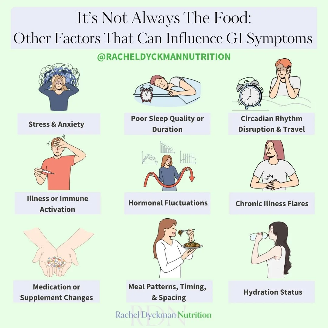 GI symptoms aren&rsquo;t always just about the food. 

Outside factors like stress, sleep, illness, medications/supplements, hormone fluctuations, nervous system state, and more can all influence digestive symptoms and food tolerance. 

This is often