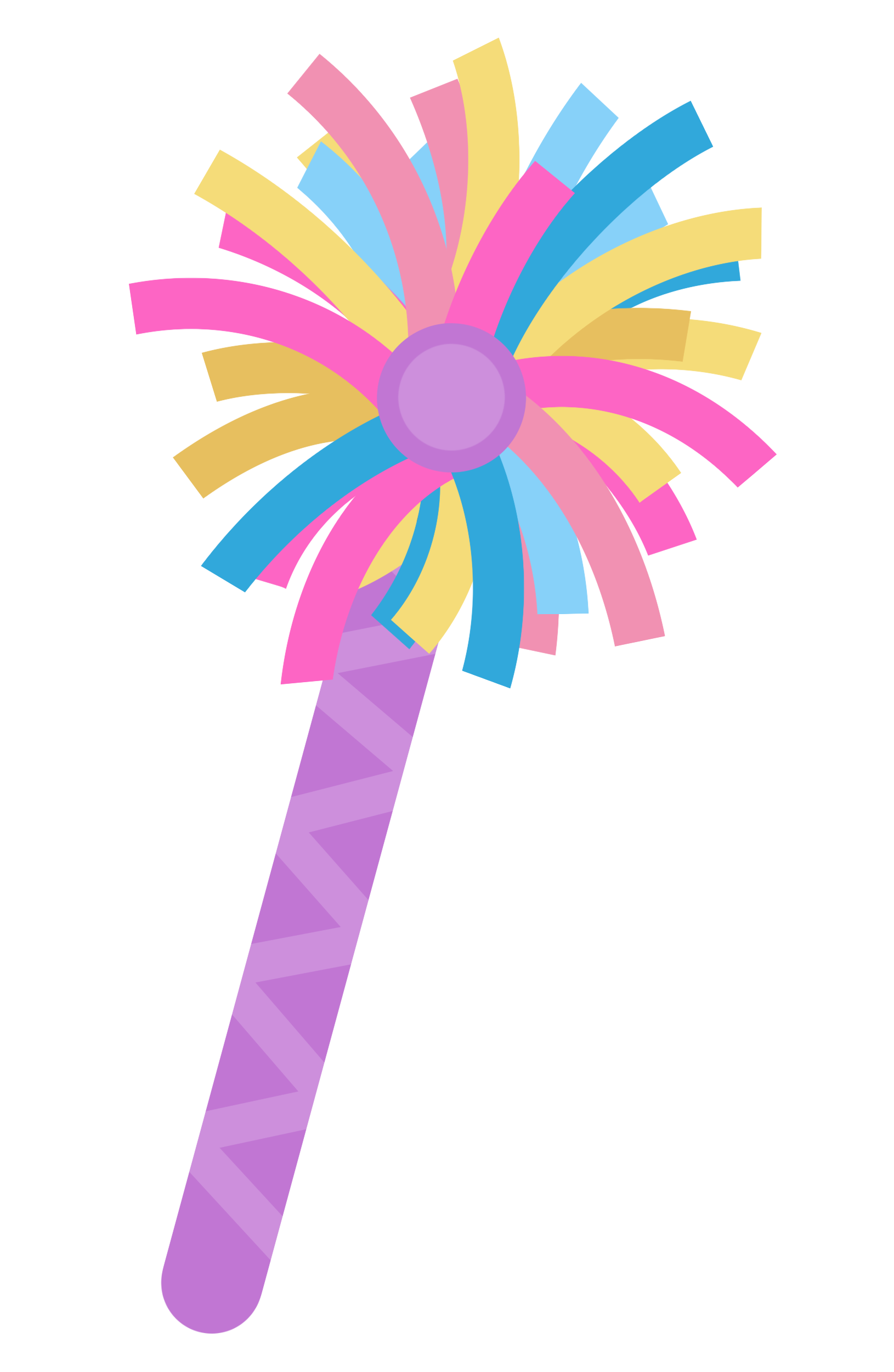 Colorful magic wand with a purple handle and pink, yellow, and blue ribbons