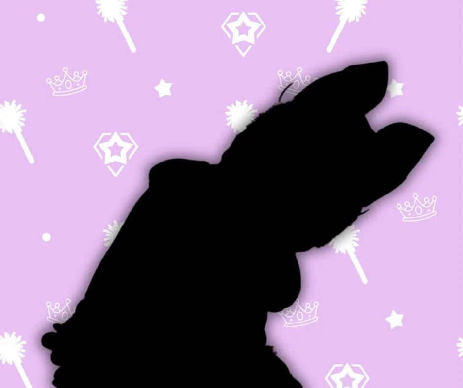 Silhouette of Miss Duck party character on a purple background with white crown and star illustrations.