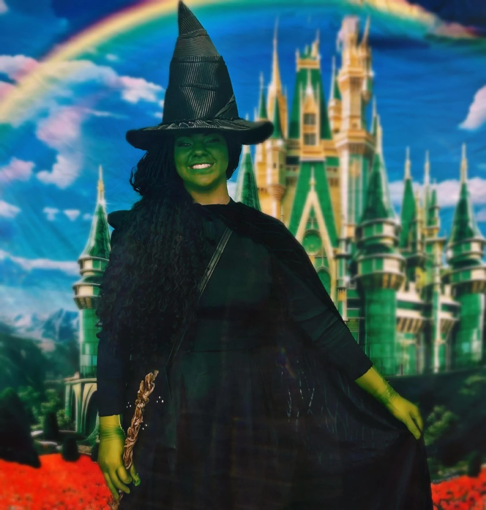 Defying Green Witch party character with green skin wearing a black hat and dress.