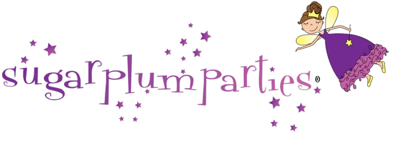 Logo for Sugar Plum Parties featuring a purple text with stars and a cartoon fairy princess wearing a purple dress and a crown, flying with yellow fairy wings.