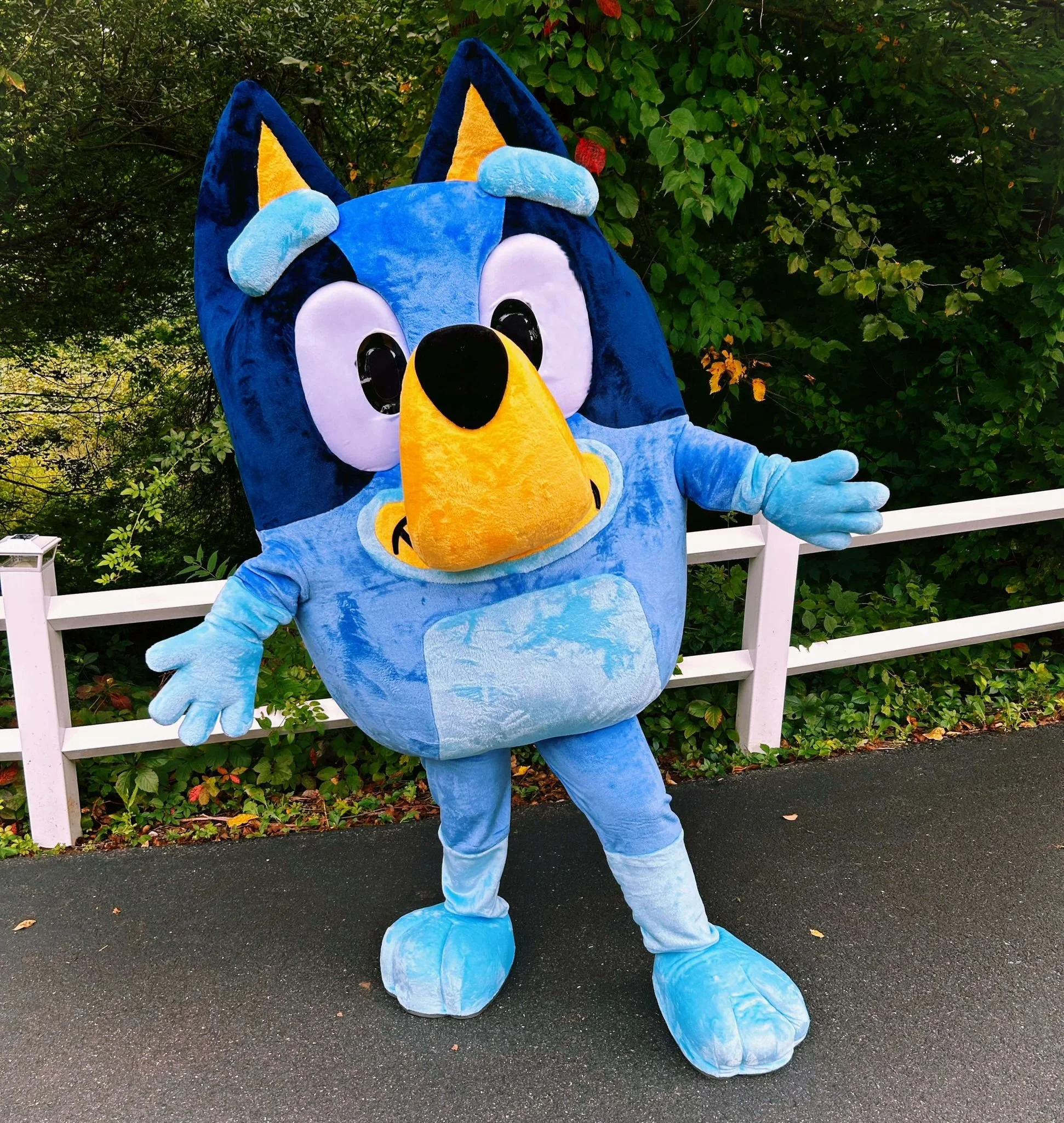 Blue Heeler Puppy party character with a large yellow nose, big eyes, and a happy expression standing outdoors on pavement with a white fence and green foliage in the background.