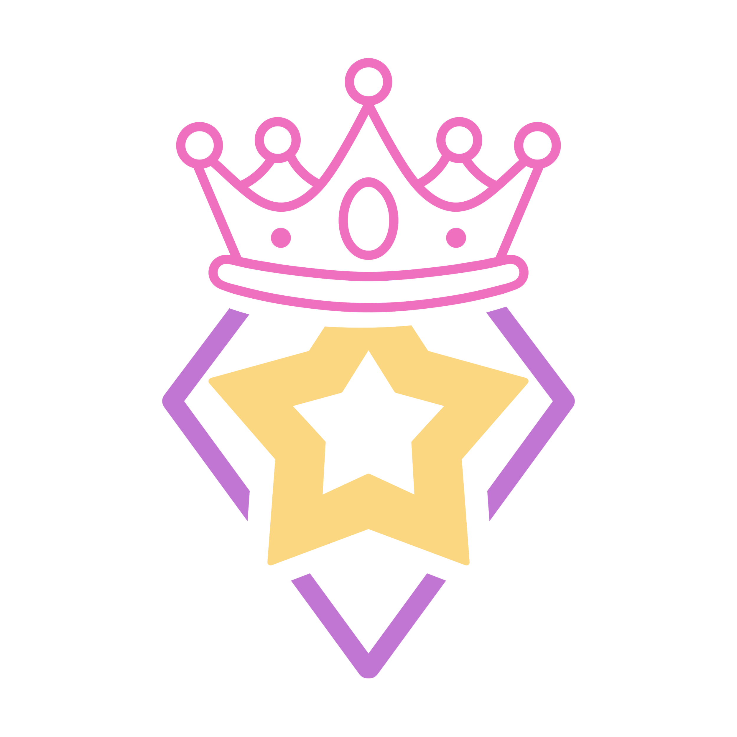 Neon illustration of a crown above a five-pointed star inside a ribbon with a star in the center, on a black background.