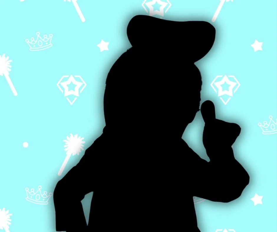 Silhouette of Mr Duck party character against a blue background with white crown, star, and wand graphics.