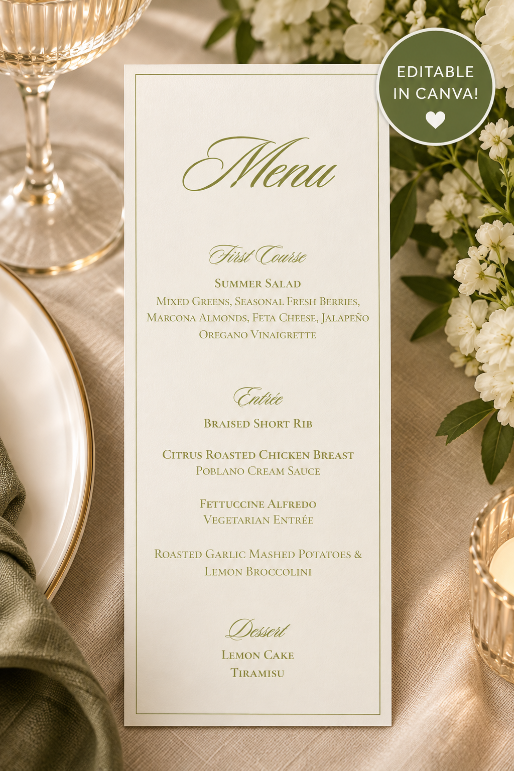 Editable Wedding Menu Template | Elegant Olive Green Dinner Menu | Minimalist Wedding Menu Card | Printable Canva Template | Instant Download