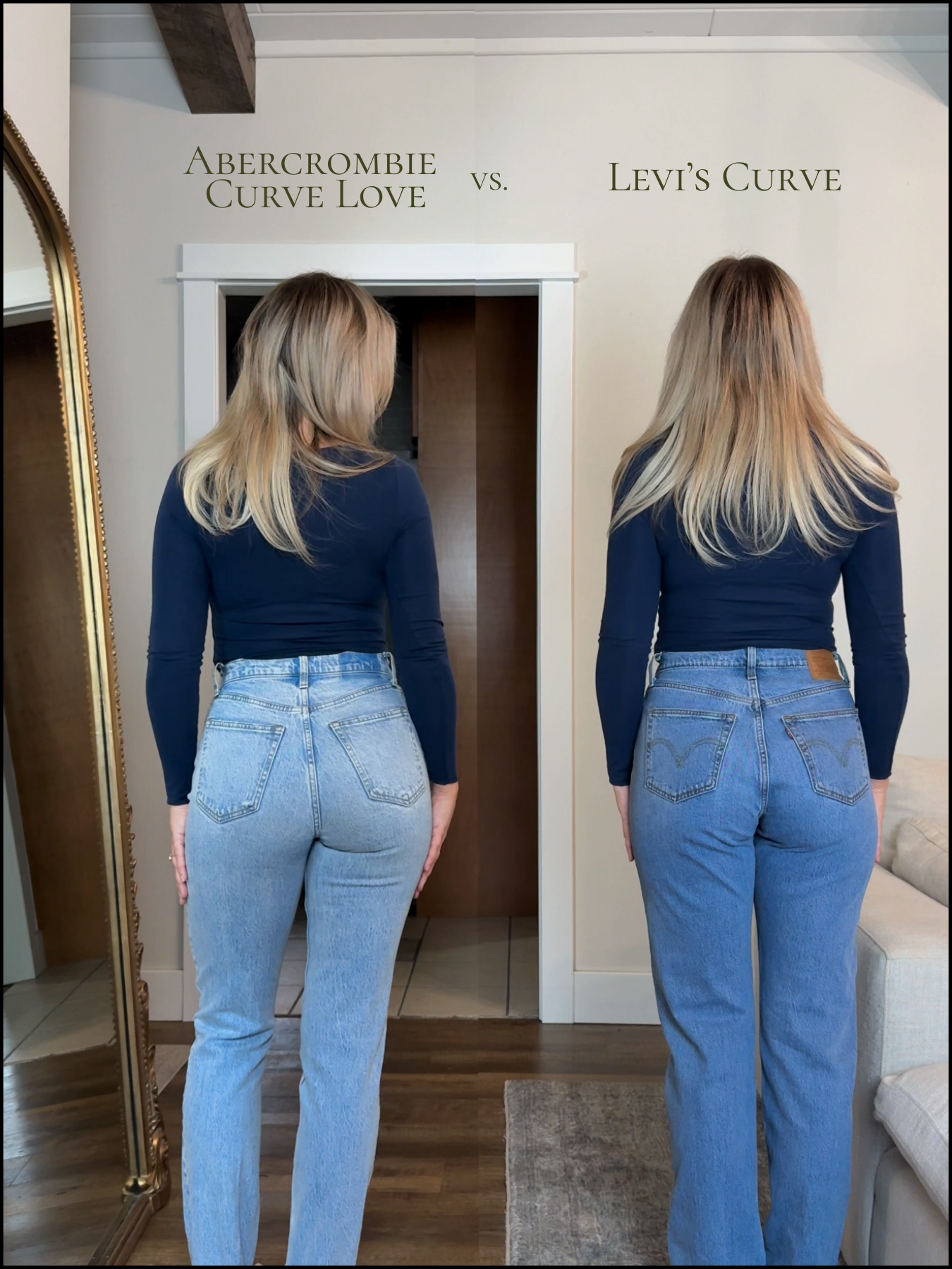 Two women with blonde hair wearing dark long-sleeve tops and blue jeans are standing with their backs to the camera, comparing their figures in front of a mirror. A sign above reads 'Abercrombie Curve Love vs. Levi's Curve'.