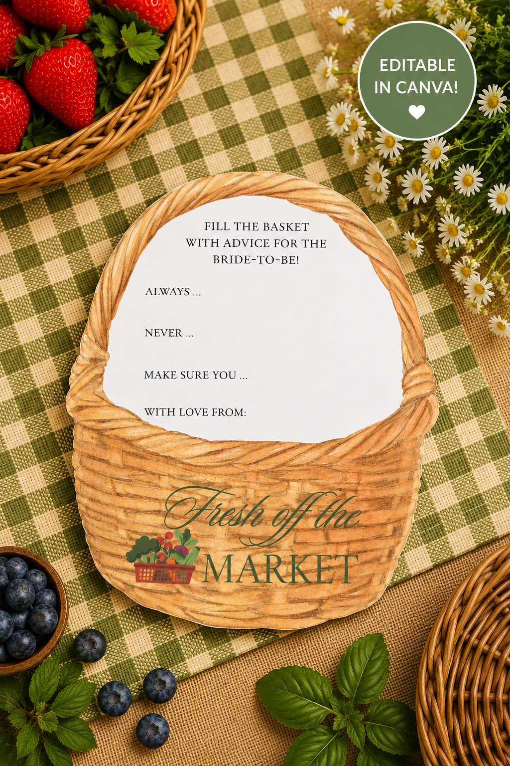 Fresh Off the Market Advice Card Template | Fill the Basket for the Bride-to-Be | Farmers Market Bridal Shower Game | Editable Canva Template