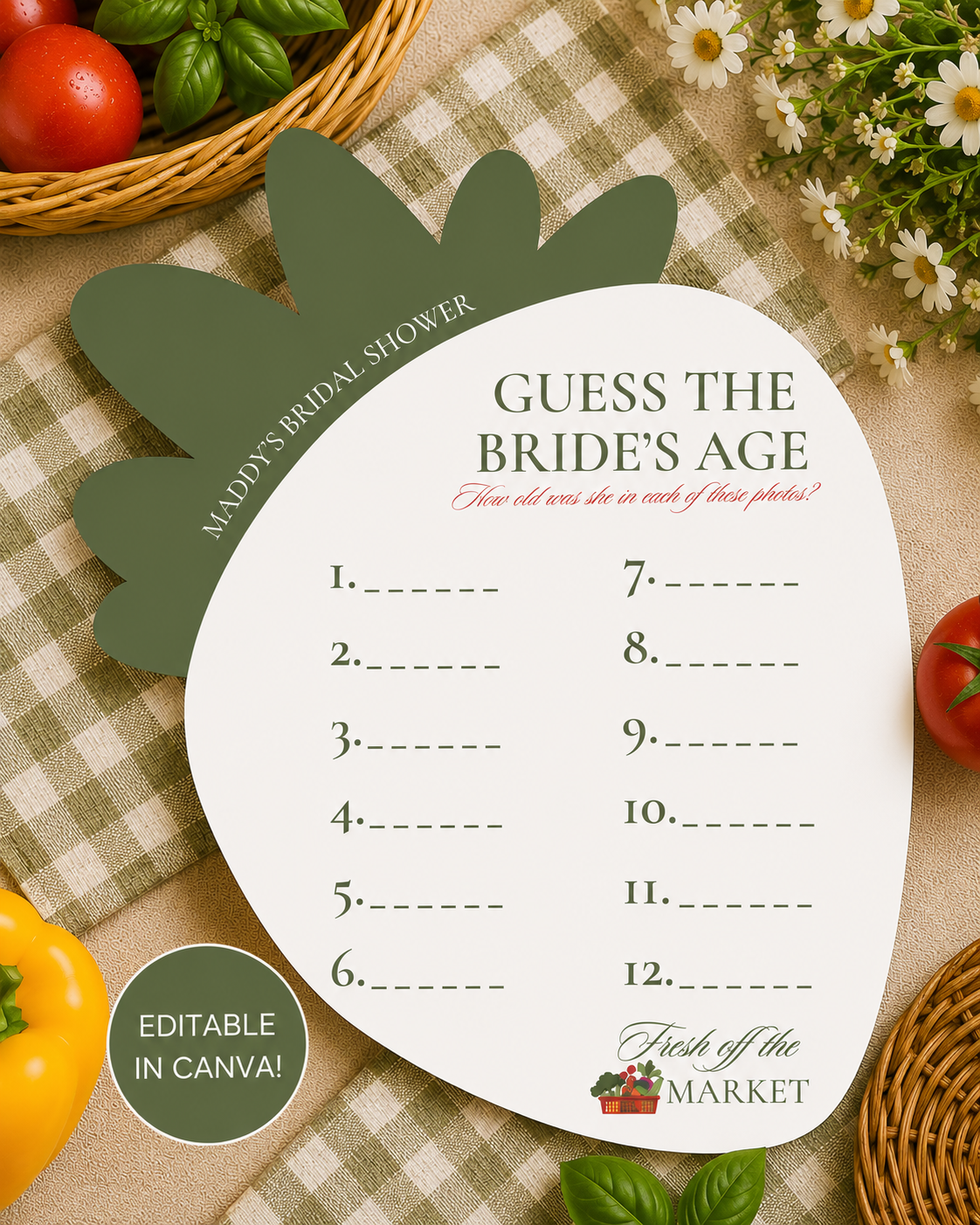 Guess the Bride's Age Strawberry Game Template | Editable Canva Template | Fresh Off the Market Bridal Shower Game