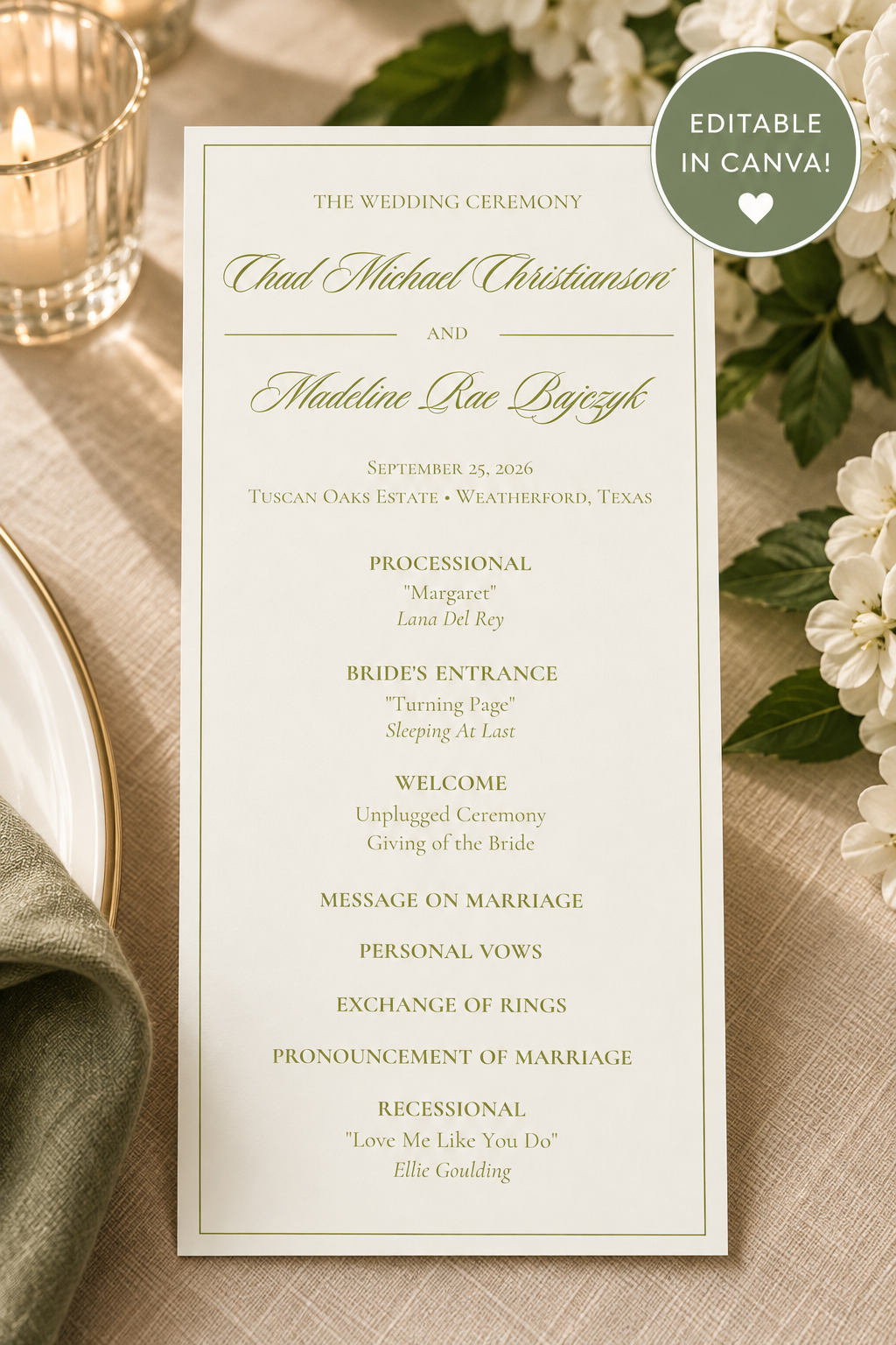 Editable Wedding Ceremony Program Template | Elegant Olive Green Wedding Program | Printable Canva Template | Cricut Friendly