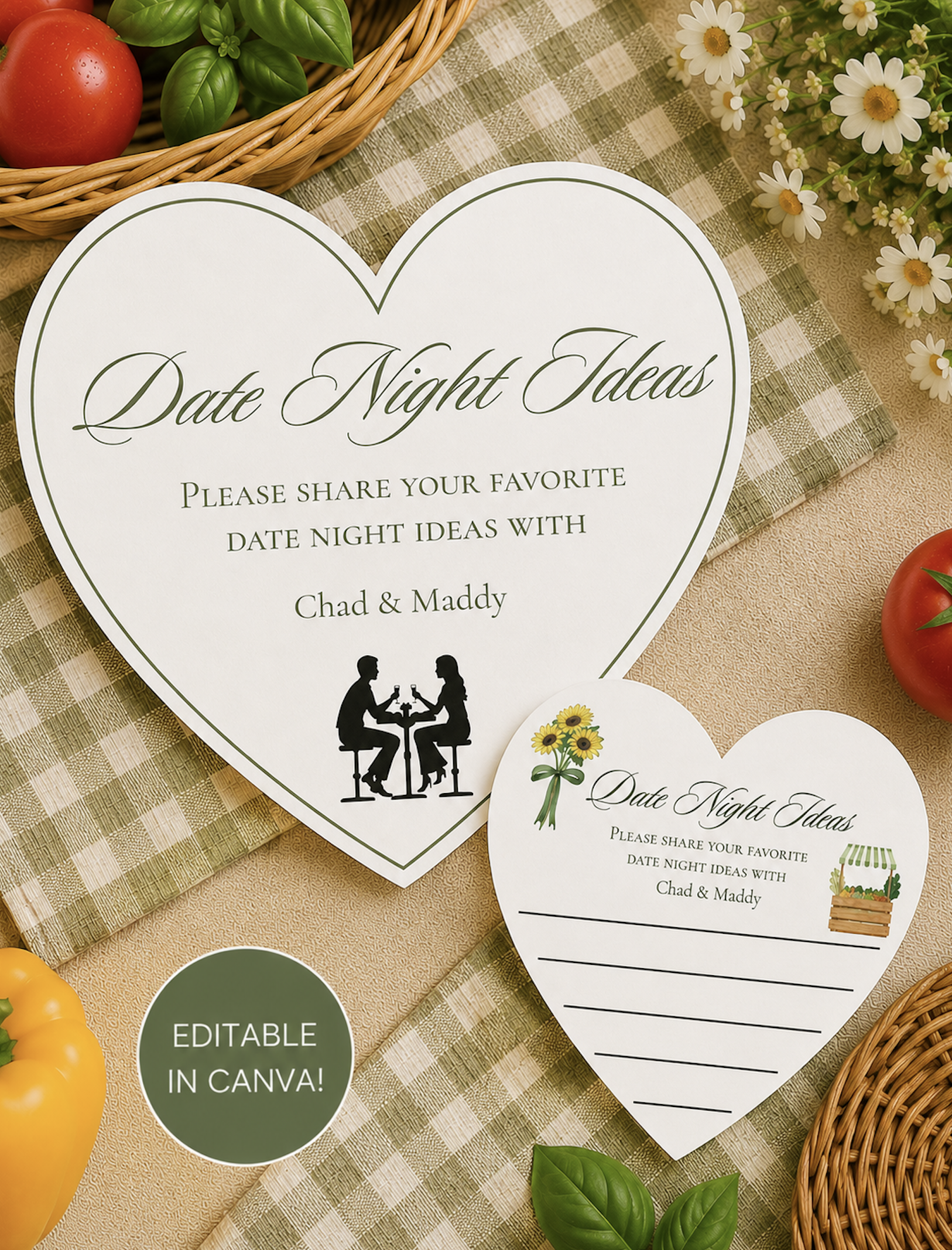 Fresh Off the Market Date Night Ideas | Editable Canva Bridal Shower Template | Heart-Shaped Advice Cards