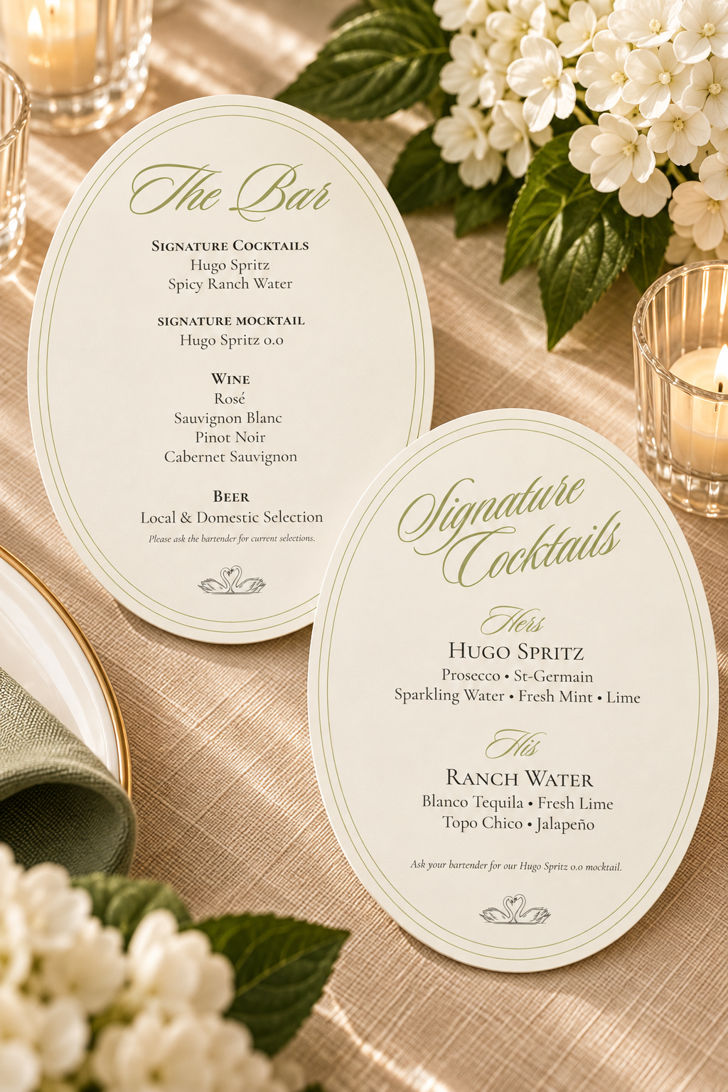 Editable Wedding Bar Menu & Signature Cocktails Templates | Elegant Oval Wedding Bar Signs | Olive Green Canva Templates | Cricut Friendly