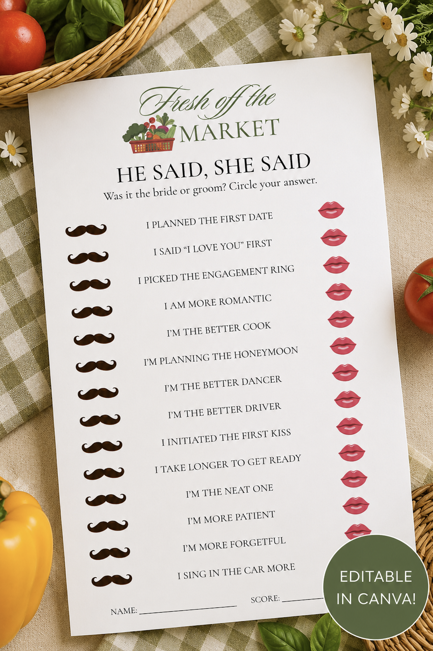 Fresh Off the Market He Said, She Said | Editable Canva Template | Farmers Market Bridal Shower Game | Instant Download
