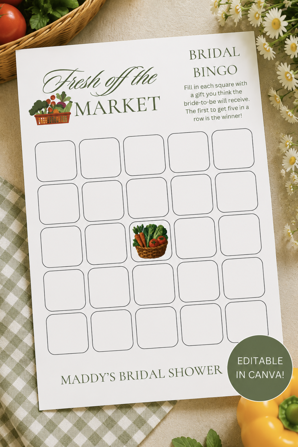 Fresh Off the Market Bridal Bingo | Editable Canva Template | Farmers Market Bridal Shower Game | Instant Download