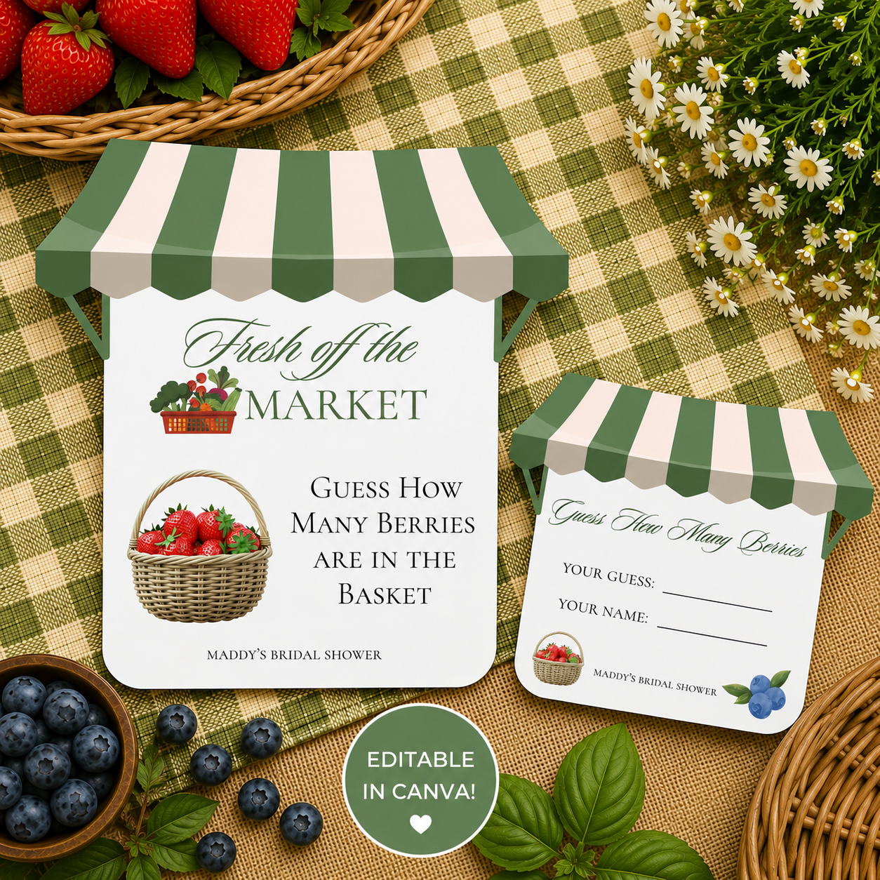 Guess How Many Berries in the Basket | Editable Canva Bridal Shower Template | Fresh Off the Market Guessing Game Sign & Cards