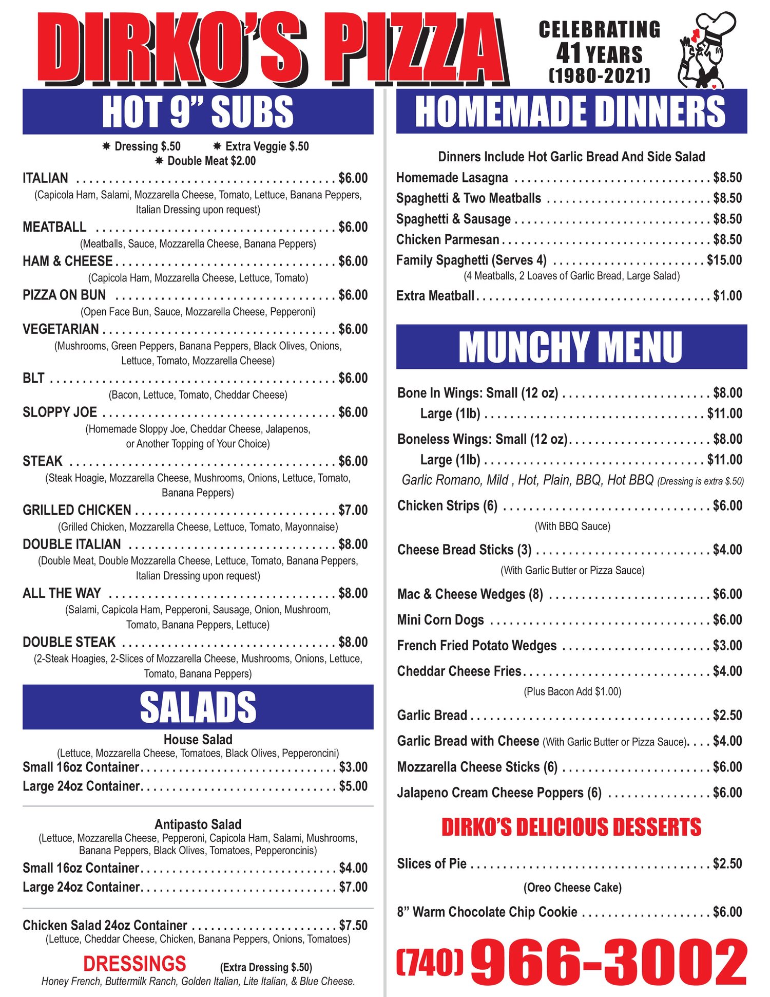 Johnstown Menu — Dirko's Pizza Menu