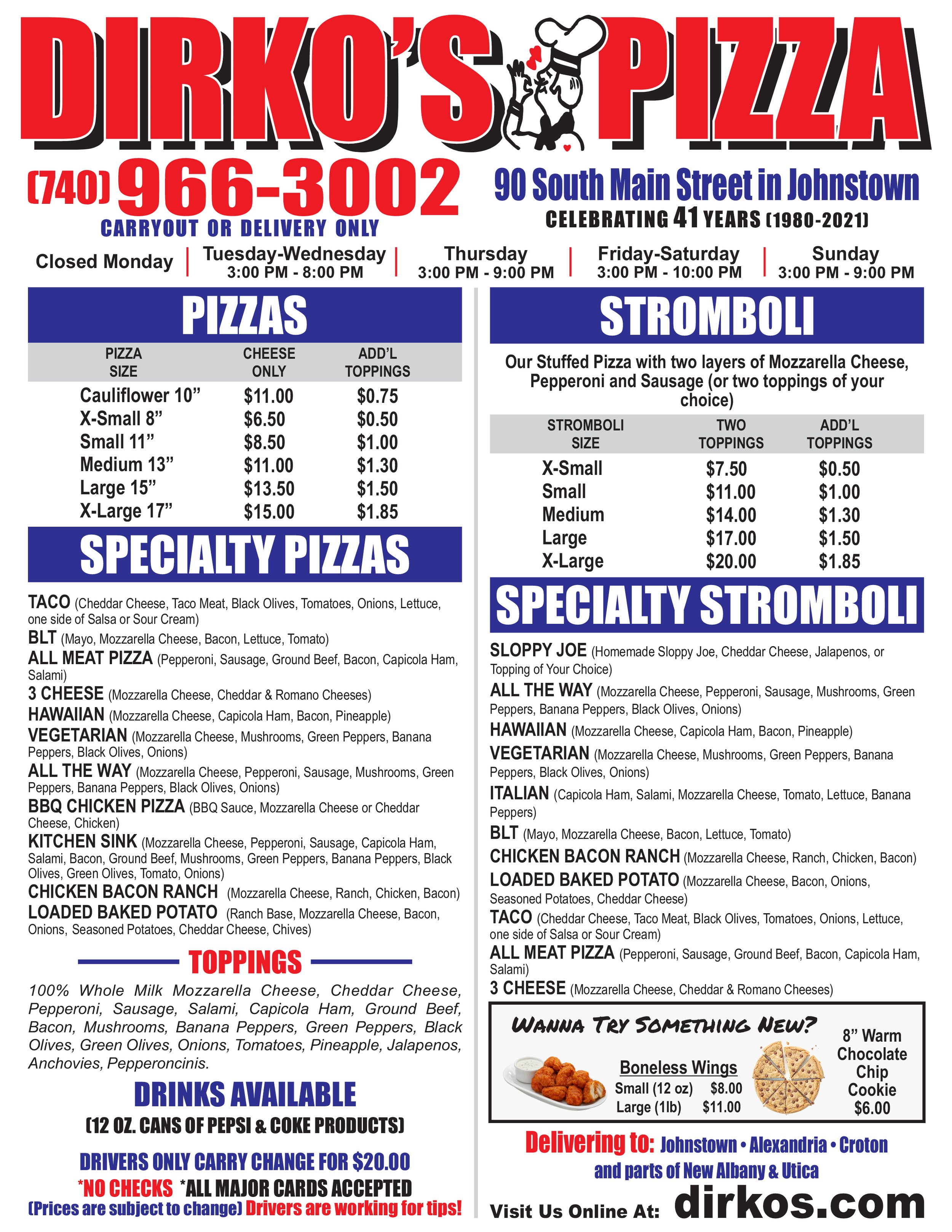 Johnstown Menu — Dirko's Pizza Menu