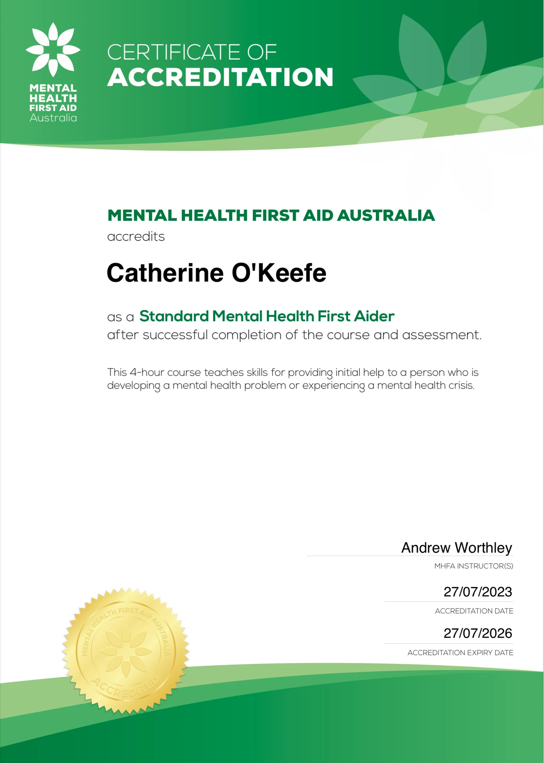 Mental health first aid certificate 