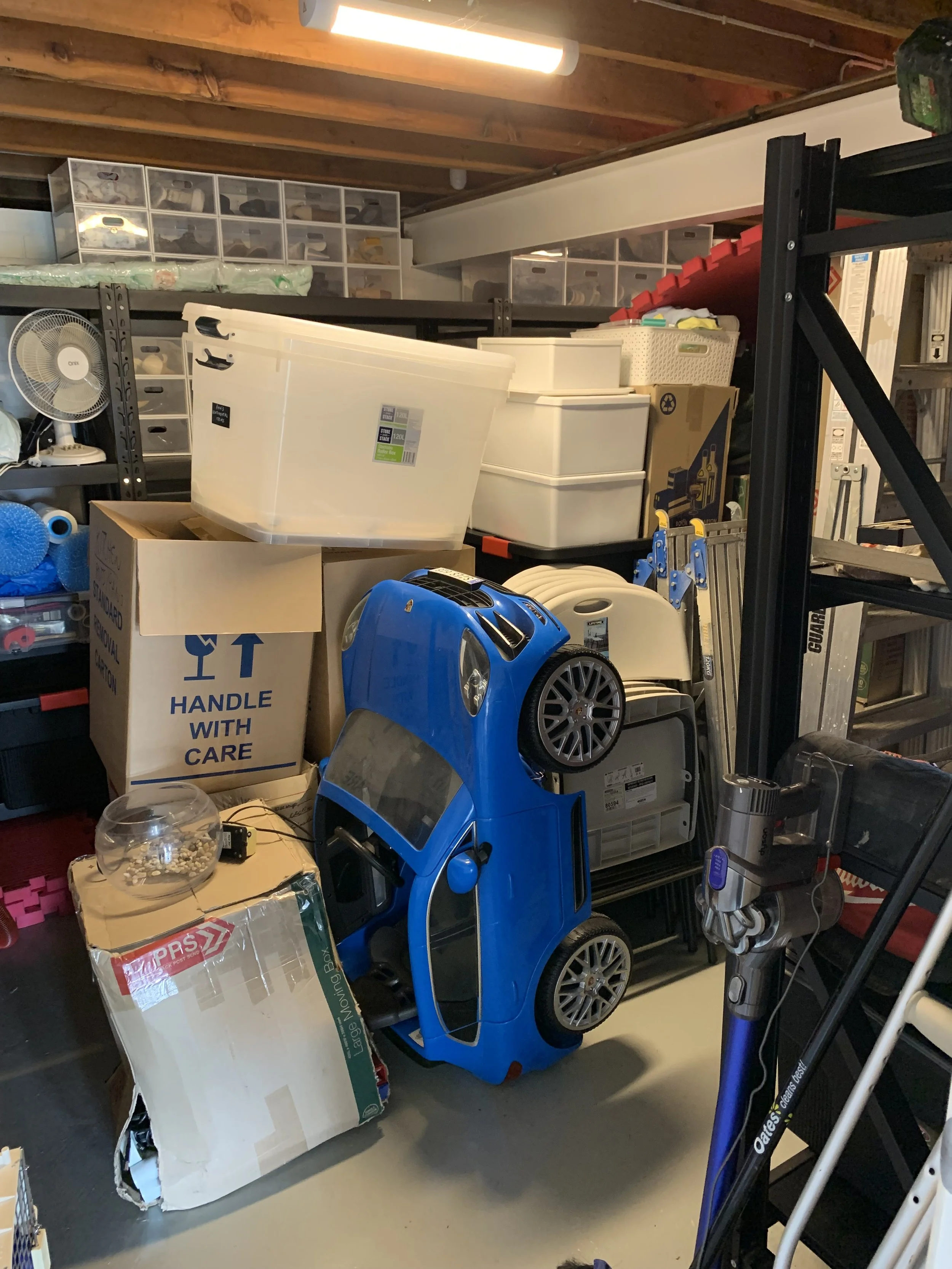 Cluttered garage store room