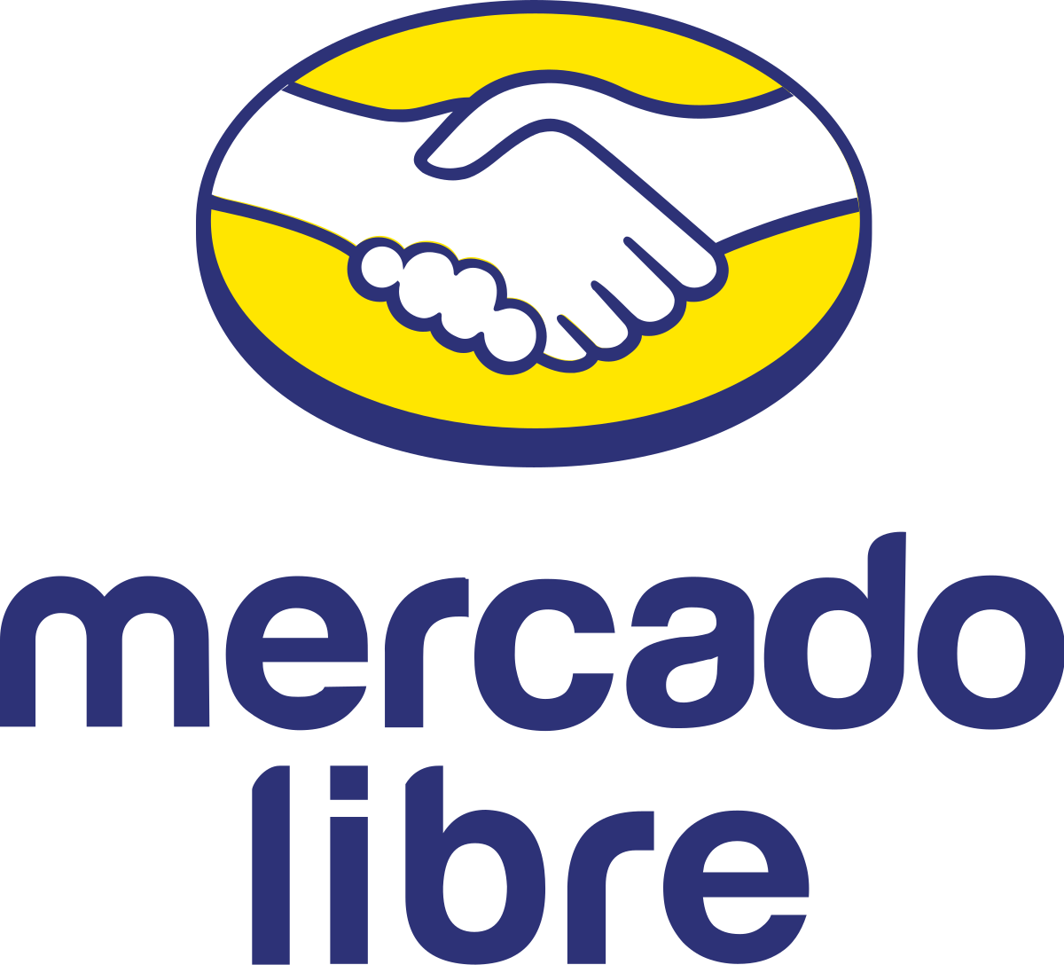 Logotipo de Mercado Libre con dos manos estrechándose dentro de un círculo amarillo.