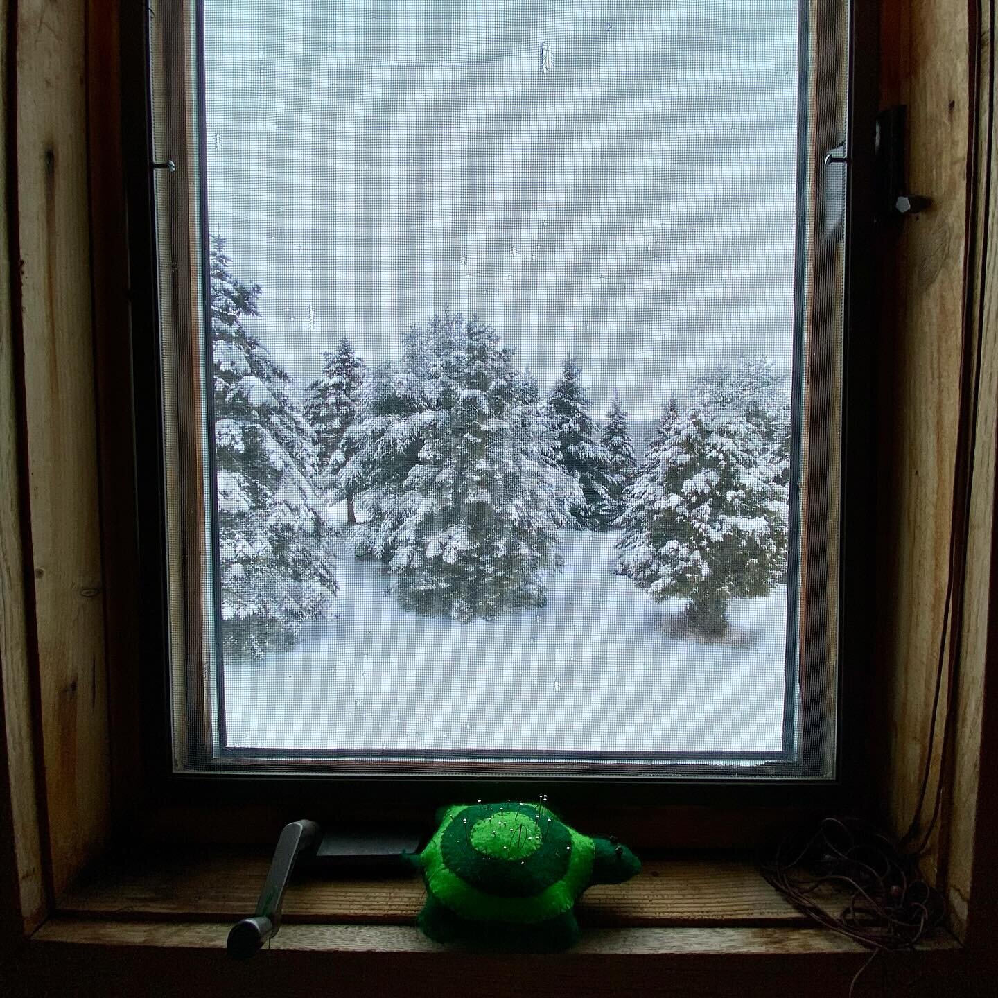 ❄️⛄️🌲🏔️🪡🧵I just love my sewing view today. I&rsquo;ve been working on a big wholesale order this winter, getting the world ready for amazing spring adventures. These colorful cozies are going to be infused with snowy forest magic and inspired dan