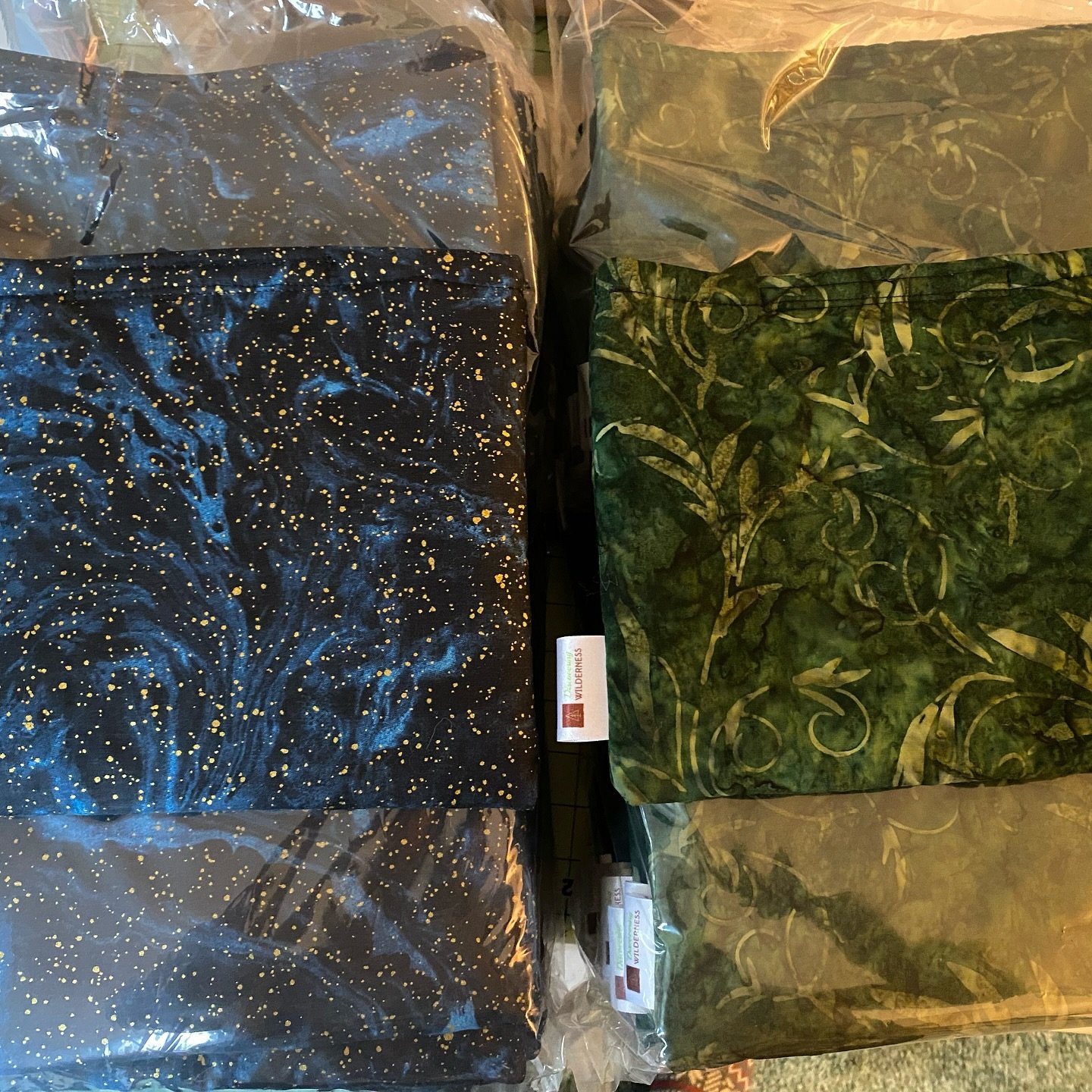 Our next big batch of cozies made especially for @outdoorherbivore are looking so good! I just love the two prints Kim picked. The blue has a fun gold splatter on it, which is hard to see in the picture and I know you&rsquo;ll love when it is in your