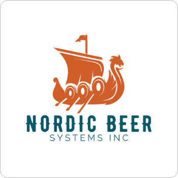 A logo featuring a brown Viking ship with a dragon head and a sword at the top, with the text 'NORDIC BEER SYSTEMS INC' below in blue, set against a black background.