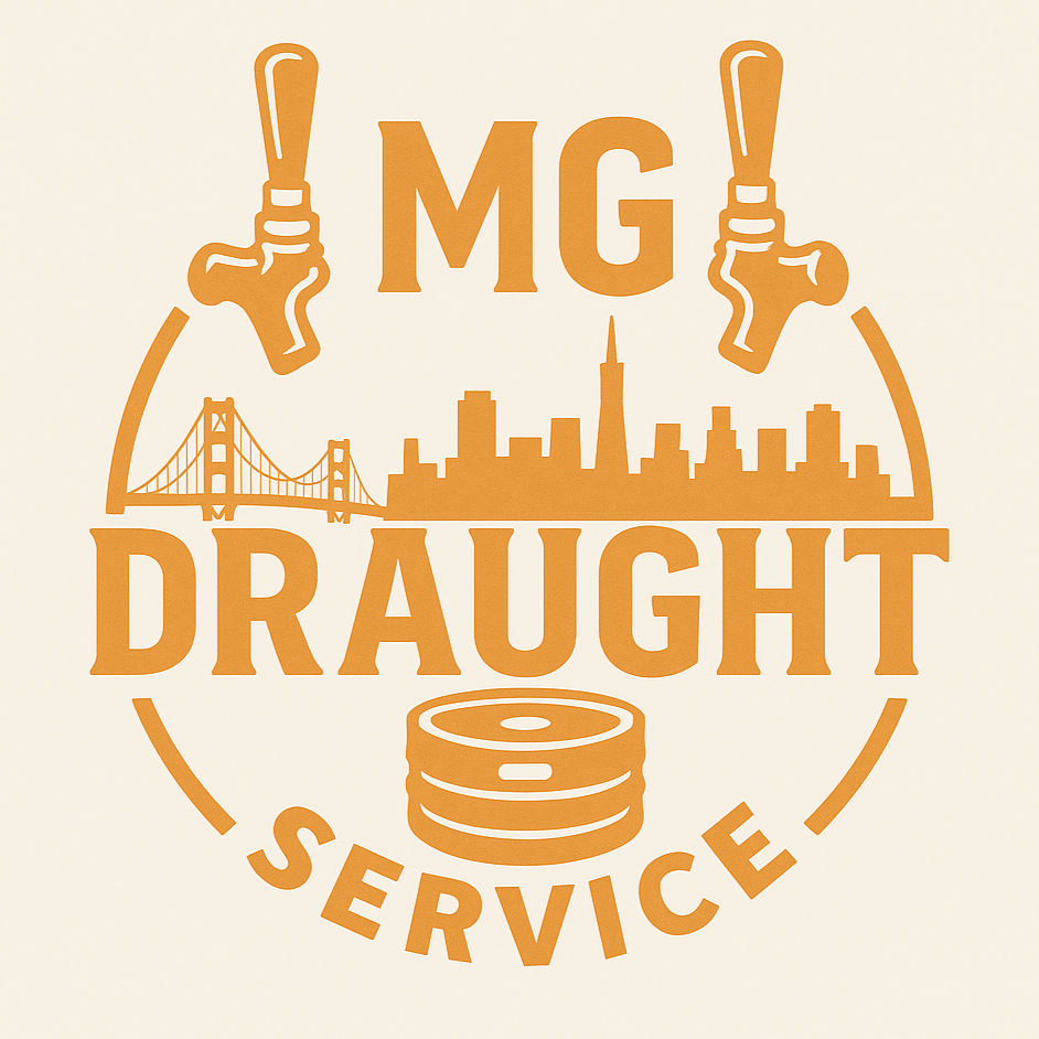 Logo for MG Draught Service with city skyline, bridge, two beer taps, and stacked coins in orange on a white background.