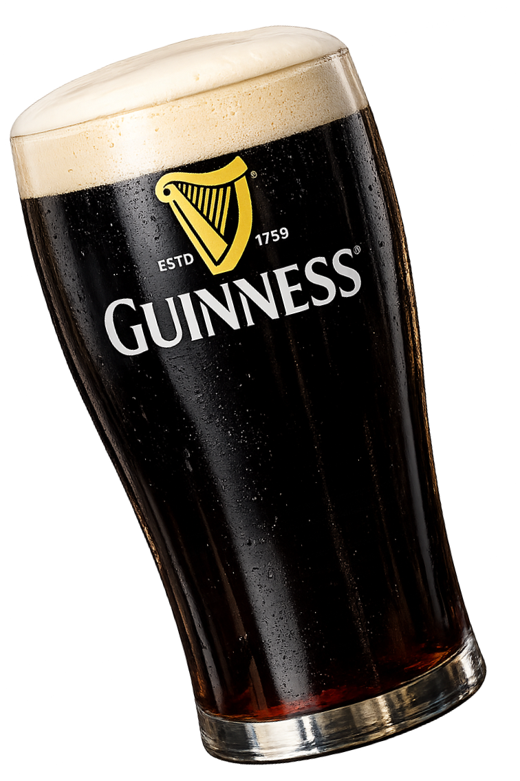 A pint glass of Guinness stout with a creamy head, showing the Guinness logo with a harp, the name, and establishment year 1759.