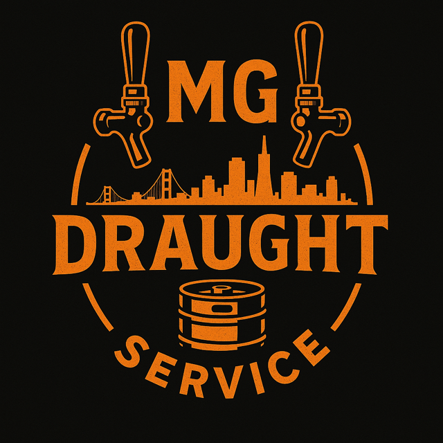 Graphic design featuring two taps, a city skyline, a barrel, and the words "MG Draught Service" in orange on black background.