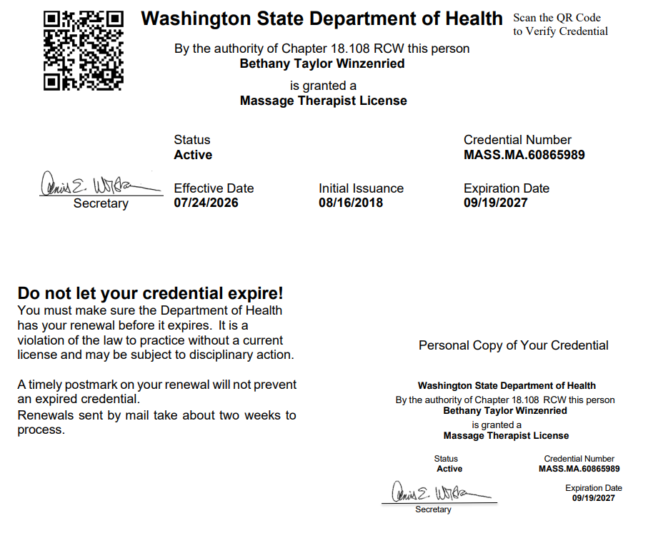 Washington State Massage License