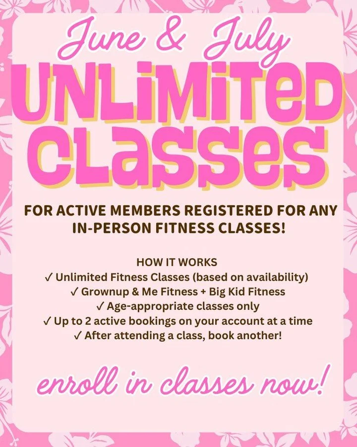 ☀️ UNLIMITED SUMMER FITNESS IS BACK! ☀️

Move more. Play more. Burn energy all summer long!

Unlimited Fitness Classes
June + July 2026
Book through your Sawyer account
Up to 2 active bookings at a time

Includes:
&bull; Grownup &amp; Me Fitness
&bul