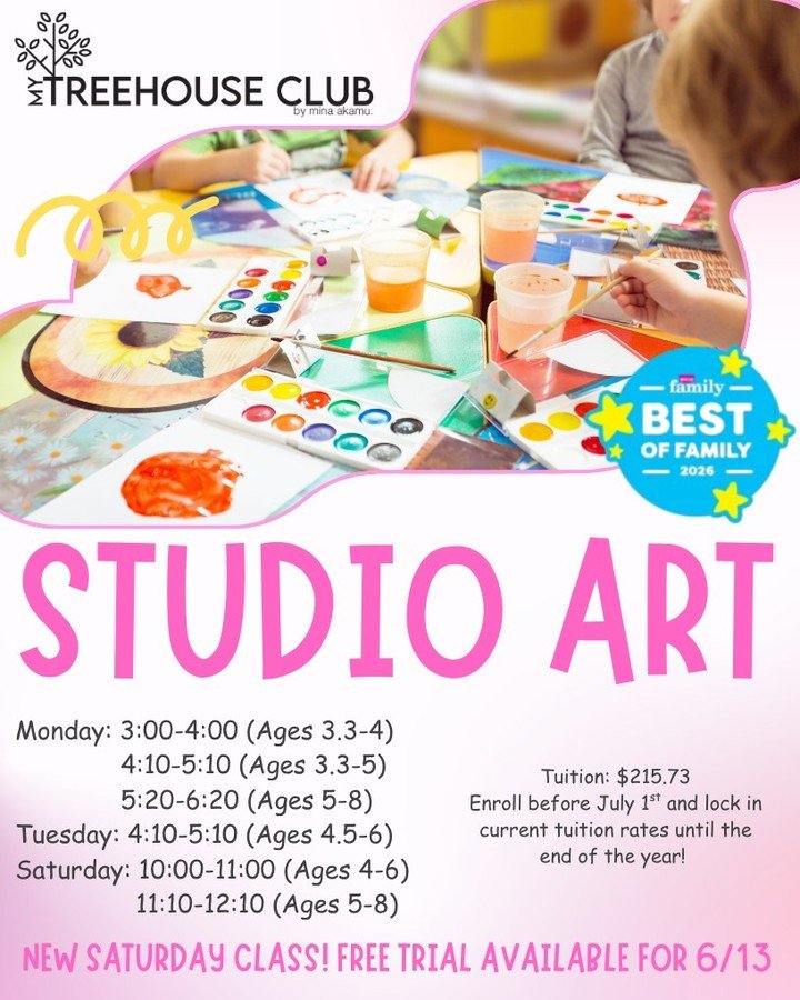 🎨 NEW SATURDAY STUDIO ART CLASS ADDED! 🎨

We've added another Studio Art class on Saturdays, and we're celebrating with FREE trial classes on June 13th!

✨ Free trials available for:
&bull; New members
&bull; Returning members who have never tried 
