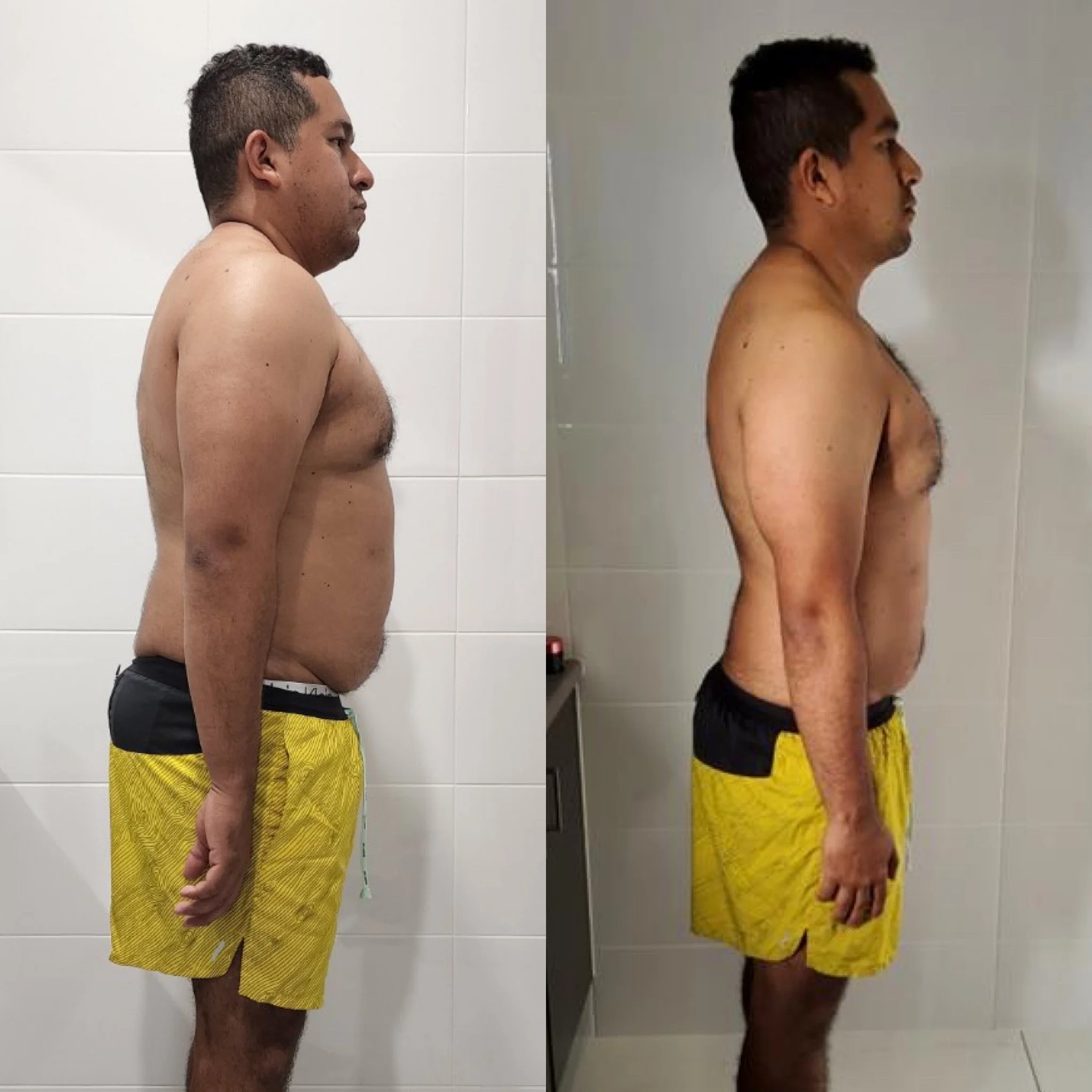 Side-by-side comparison of a shirtless man with yellow shorts, one photo showing a larger body and the other showing a slimmer body.