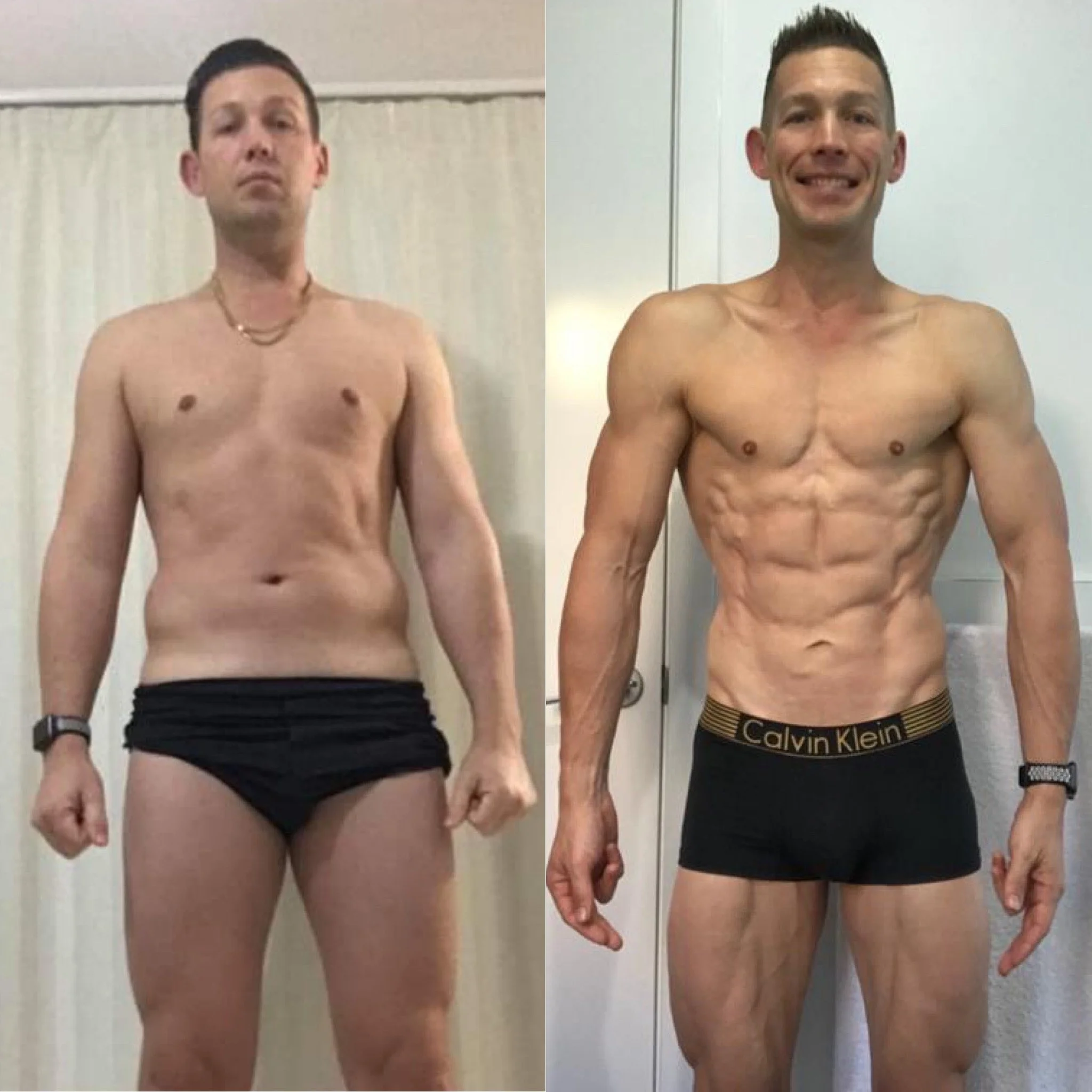 Comparison of a man's physical transformation, left showing a less fit body and right showing a muscular, toned physique.